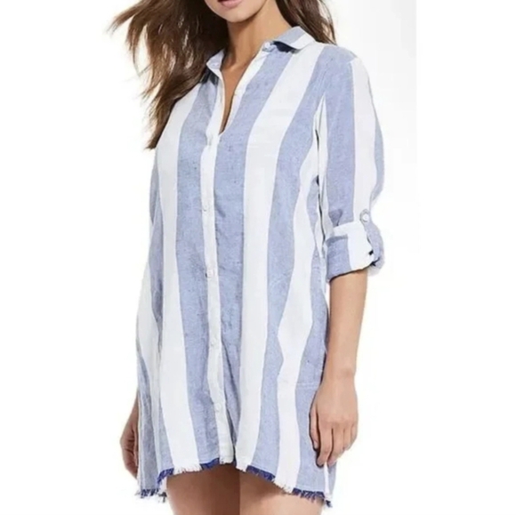 Tommy Bahama Size S/P Linen Blend Casual  Blue White Rugby Stripe Dress Cover Up - Picture 2 of 15
